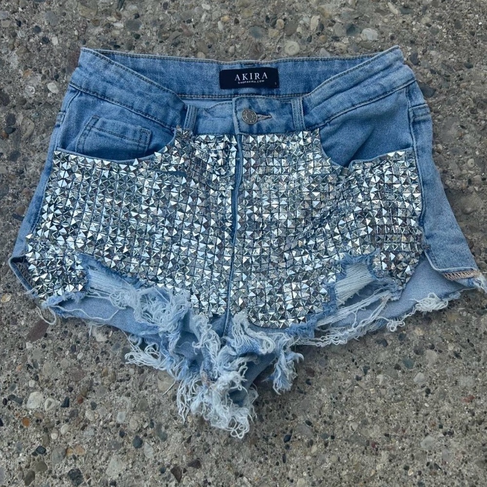 Akira studded, distressed, denim, shorts,